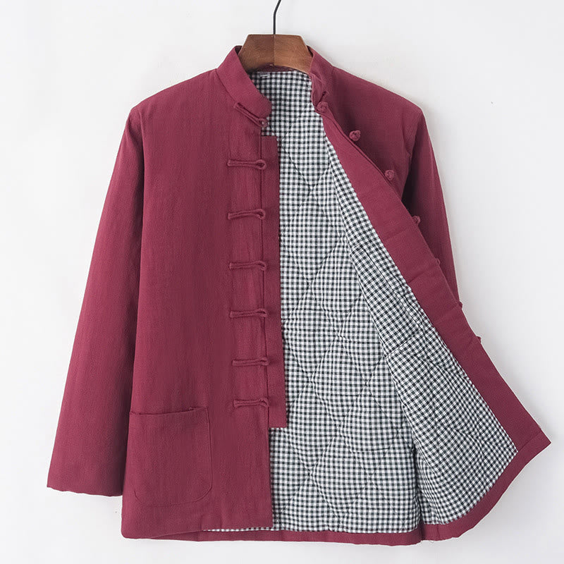 Traje de espiga con botones de rana para hombre de invierno con Buddha Stones, chaqueta y camisa con forro polar de algodón y lino con bolsillos - Ladrillo refractario - Botón de rana - US/UK/AU44, EU54 (4XL) - image 17