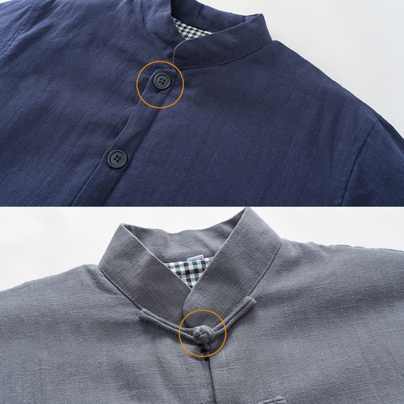 Traje de espiga con botones de rana para hombre de invierno con Buddha Stones, chaqueta y camisa con forro polar de algodón y lino con bolsillos - image 1