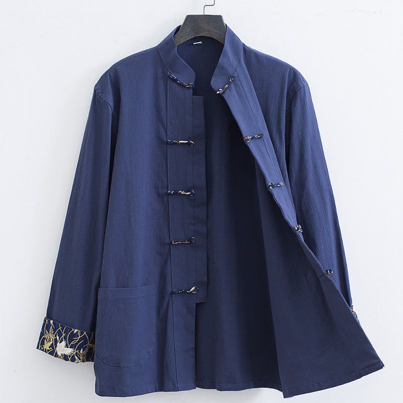 Traje Tang con botones de rana para hombre de Buddha Stones, chaqueta y camisa con bordado de grulla blanca de algodón y bolsillos