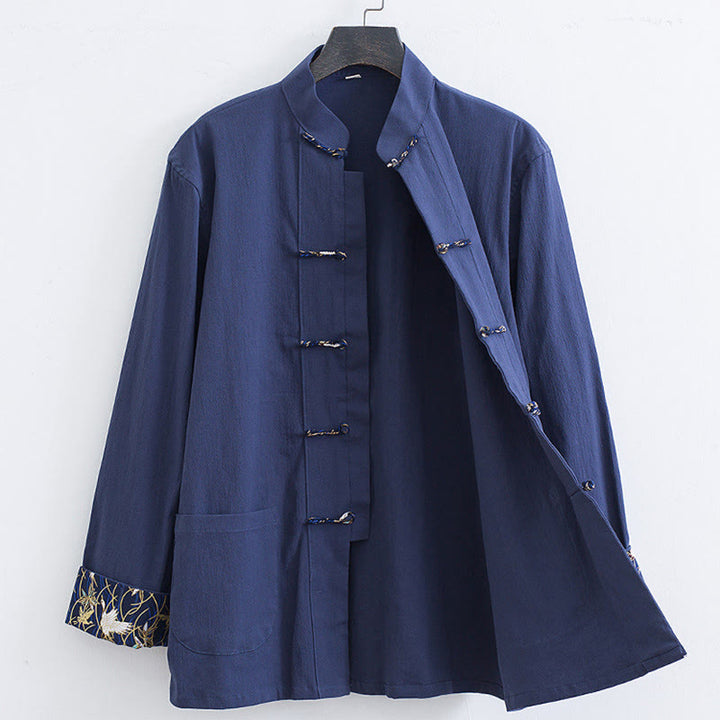 Traje Tang con botones de rana para hombre de Buddha Stones, chaqueta y camisa con bordado de grulla blanca de algodón y bolsillos