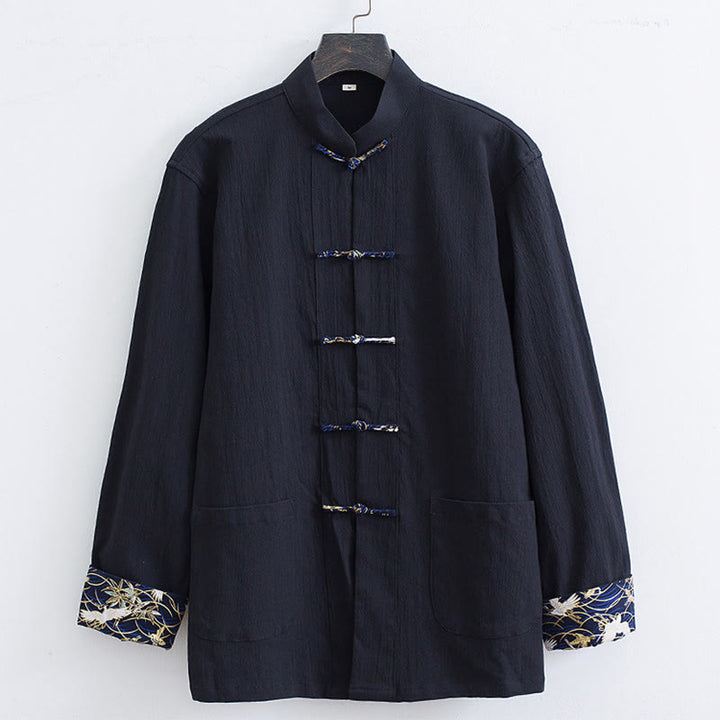 Traje Tang con botones de rana para hombre de Buddha Stones, chaqueta y camisa con bordado de grulla blanca de algodón y bolsillos