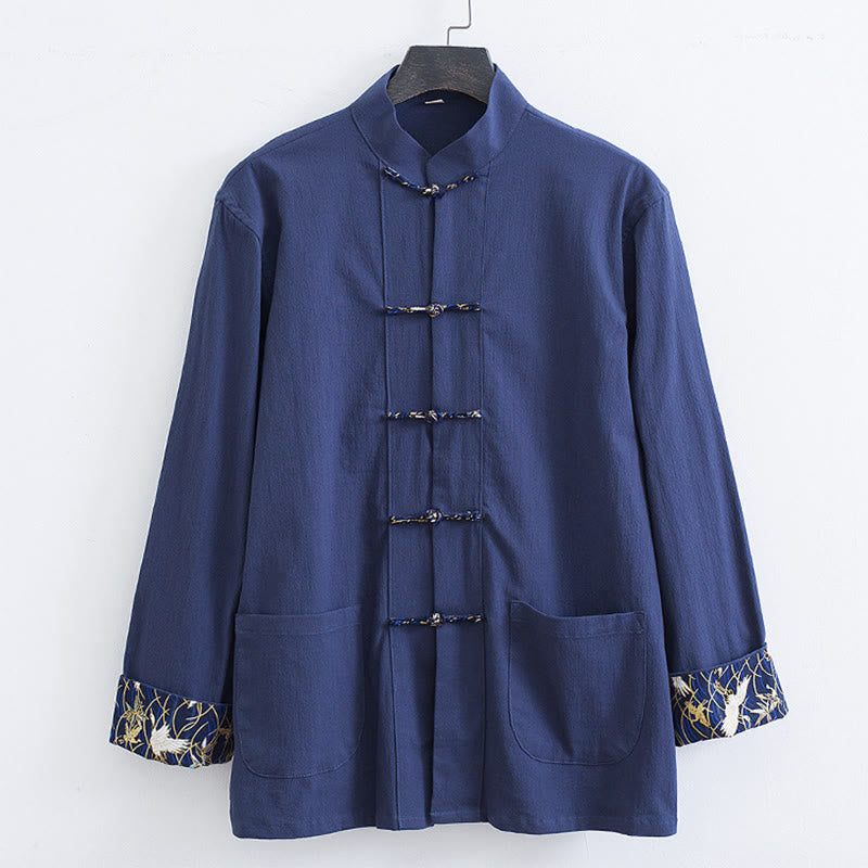 Traje Tang con botones de rana para hombre de Buddha Stones, chaqueta y camisa con bordado de grulla blanca de algodón y bolsillos