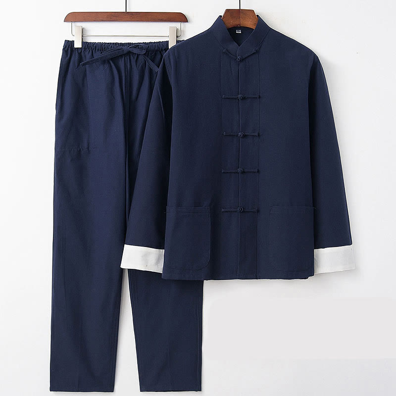 Conjunto de 2 piezas de camisa y pantalones de manga larga de algodón con botones de rana para hombre con Buddha Stones - Manga blanca azul marino - US/UK/AU46, EU56 (5XL) - image 1