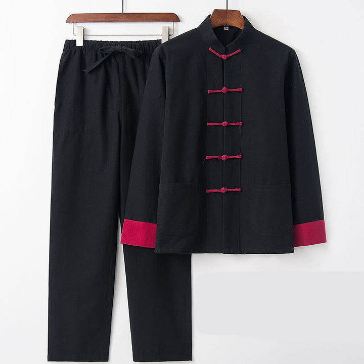 Conjunto de 2 piezas de camisa y pantalones de manga larga de algodón con botones de rana para hombre con Buddha Stones - Manga negra y roja - US/UK/AU46, EU56 (5XL) - image 15