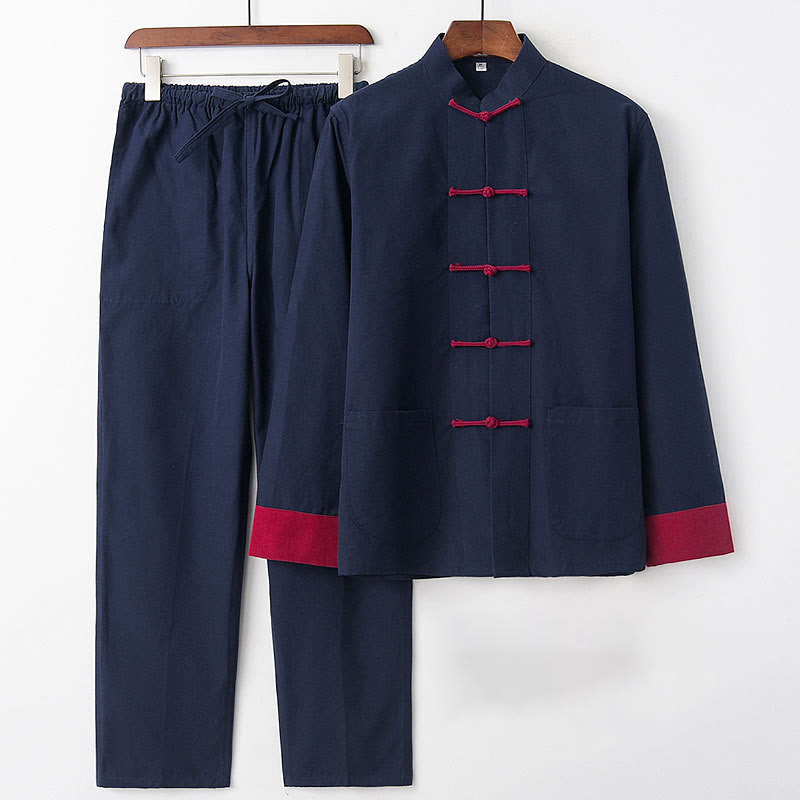 Conjunto de 2 piezas de camisa y pantalones de manga larga de algodón con botones de rana para hombre con Buddha Stones - Manga roja azul marino - US/UK/AU46, EU56 (5XL) - image 0