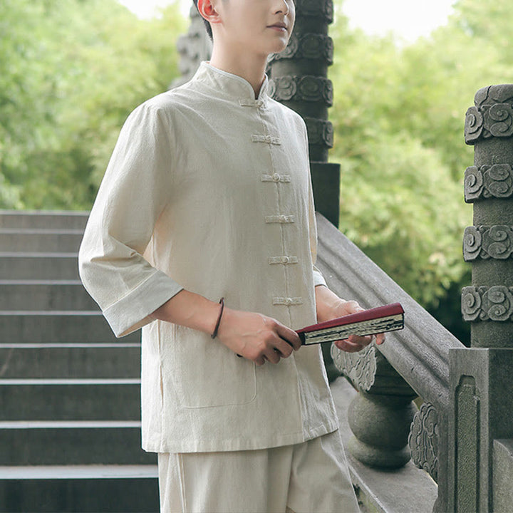 Conjunto de 2 piezas de camisa y pantalones de manga tres cuartos de algodón con botones de rana para hombre de Buddha Stones - image 4