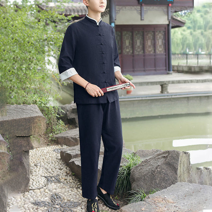 Conjunto de 2 piezas de camisa y pantalones de manga tres cuartos de algodón con botones de rana para hombre de Buddha Stones - Negro - US/UK/AU48, EU58 (6XL) - image 6