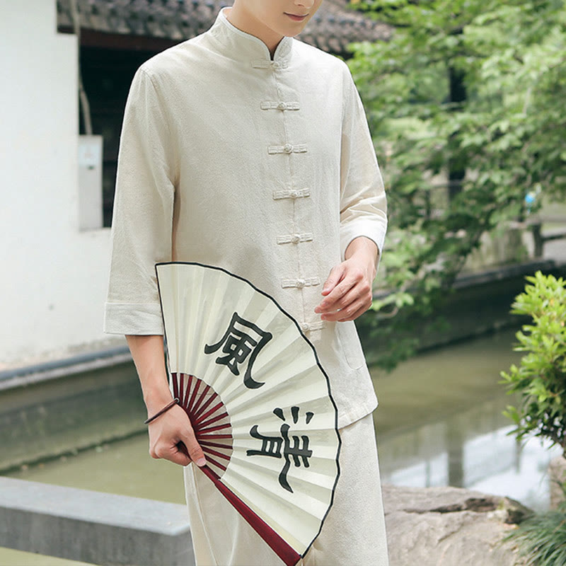 Conjunto de 2 piezas de camisa y pantalones de manga tres cuartos de algodón con botones de rana para hombre de Buddha Stones - Lino - US/UK/AU48, EU58 (6XL) - image 2