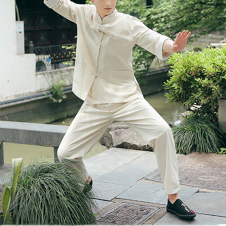 Conjunto de 2 piezas de camisa y pantalones de manga tres cuartos de algodón con botones de rana para hombre de Buddha Stones - image 5