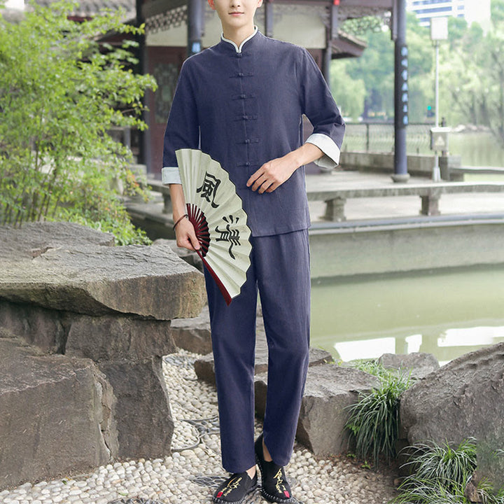 Conjunto de 2 piezas de camisa y pantalones de manga tres cuartos de algodón con botones de rana para hombre de Buddha Stones - Azul acero - US/UK/AU48, EU58 (6XL) - image 0