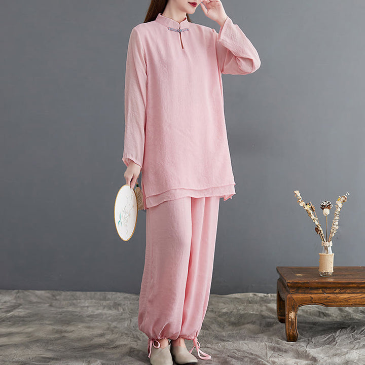 Conjunto de 2 piezas de camisa y pantalones de manga larga para mujer con Buddha Stones y ropa de meditación