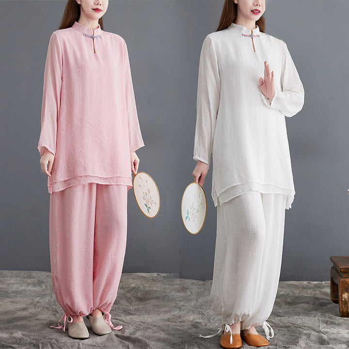 Conjunto de 2 piezas de camisa y pantalones de manga larga para mujer con Buddha Stones y ropa de meditación