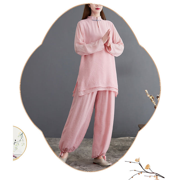 Conjunto de 2 piezas de camisa y pantalones de manga larga para mujer con Buddha Stones y ropa de meditación