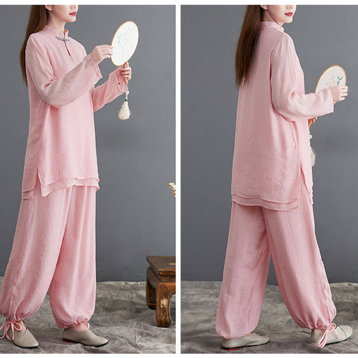 Conjunto de 2 piezas de camisa y pantalones de manga larga para mujer con Buddha Stones y ropa de meditación
