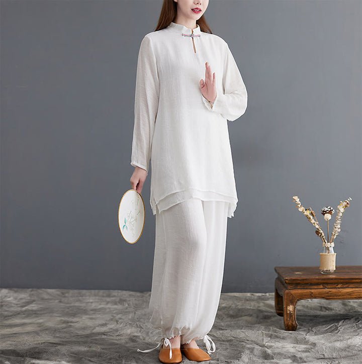 Conjunto de 2 piezas de camisa y pantalones de manga larga para mujer con Buddha Stones y ropa de meditación