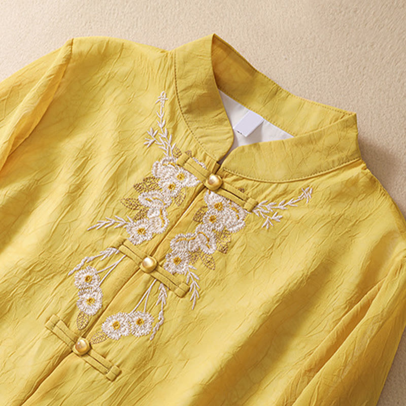 Vestido camisero con botones de rana y bordado de flores para mujer de Buddha Stones, pantalones de pierna ancha - Camisa amarilla - US8-10，UK/AU12-14，EU40-42 (2XL) - image 1