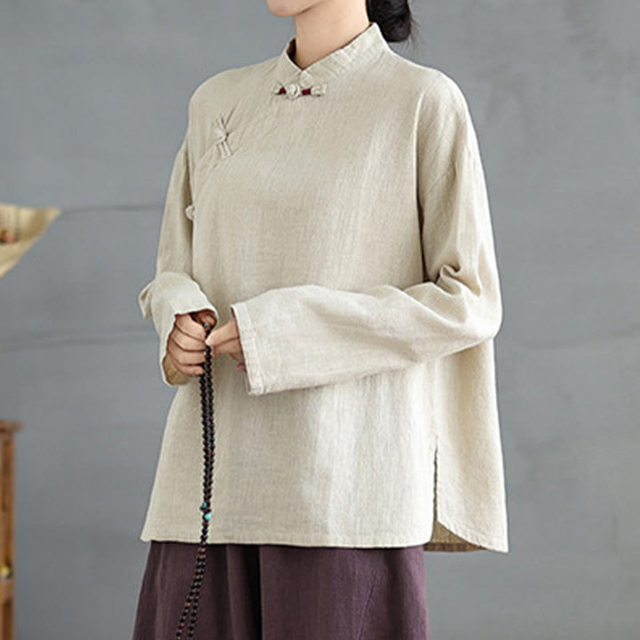 Camisa de mujer de manga larga con botones de rana en color liso con Buddha Stones - image 5