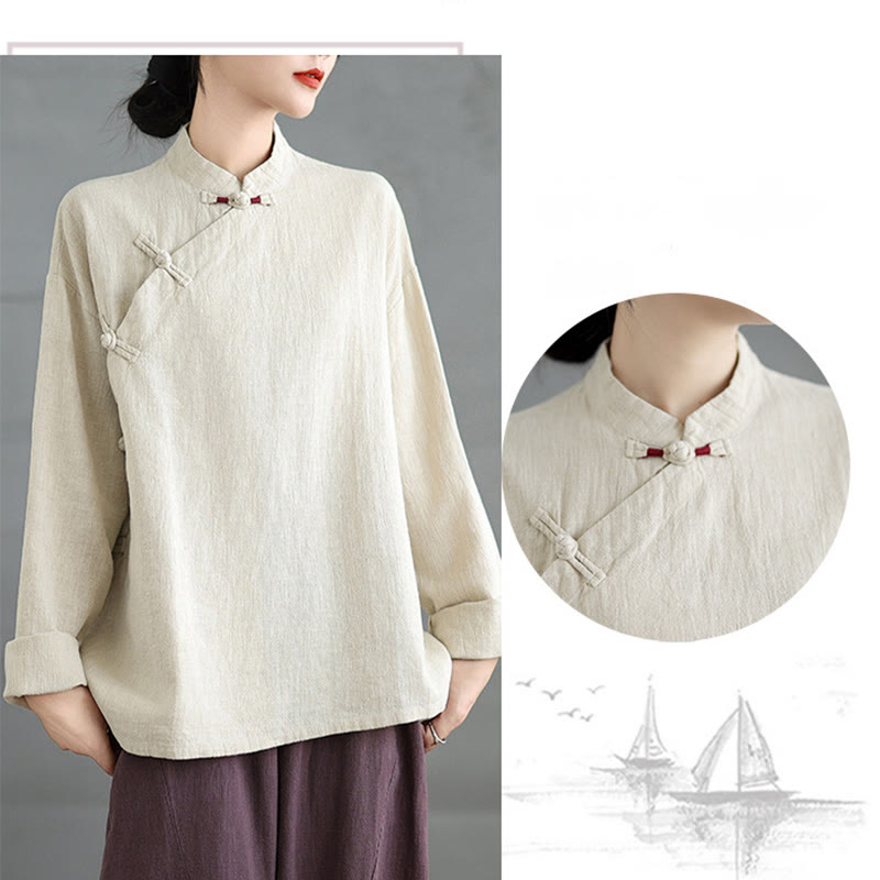 Camisa de mujer de manga larga con botones de rana en color liso con Buddha Stones - image 6