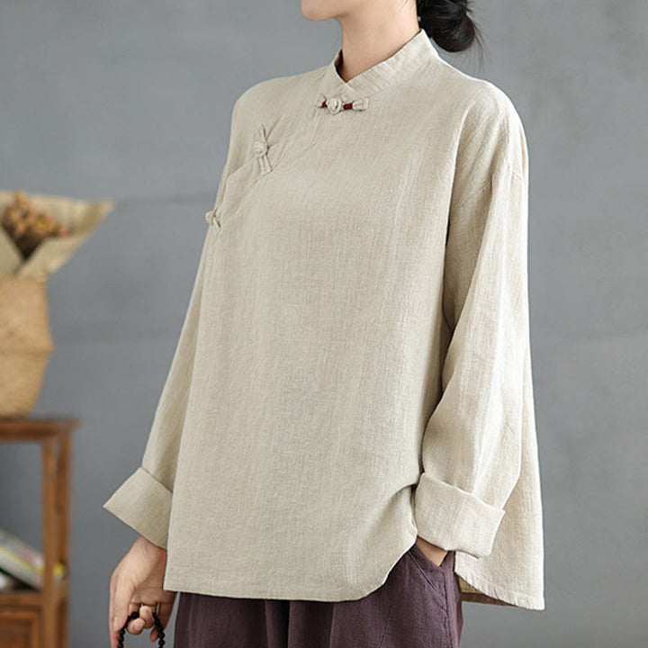 Camisa de mujer de manga larga con botones de rana en color liso con Buddha Stones - image 3