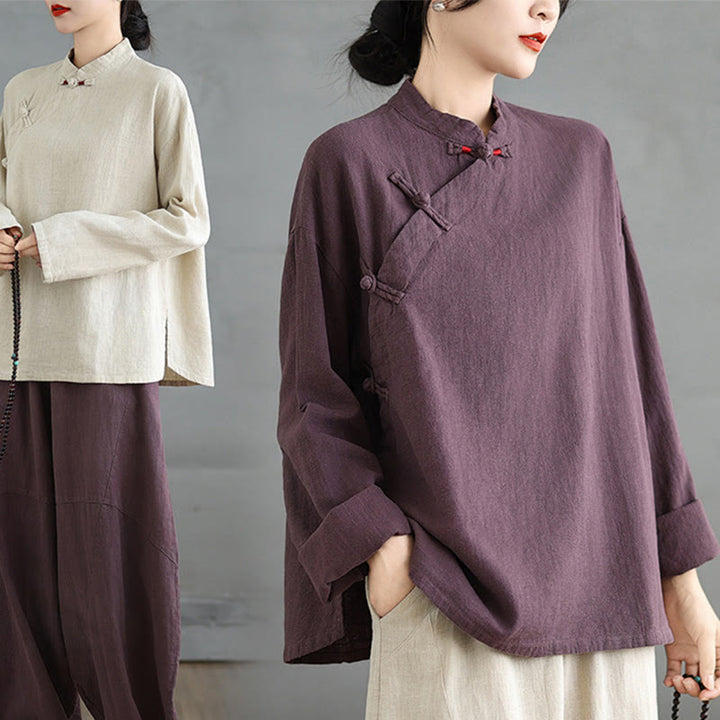 Camisa de mujer de manga larga con botones de rana en color liso con Buddha Stones - image 19