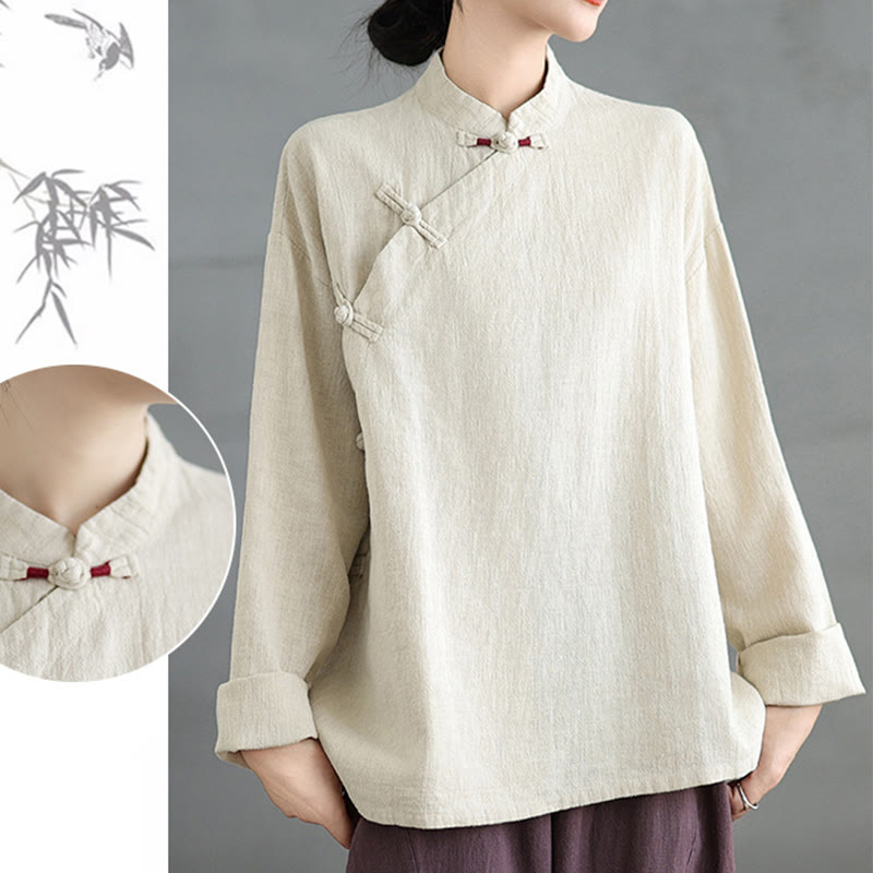 Camisa de mujer de manga larga con botones de rana en color liso con Buddha Stones - image 18