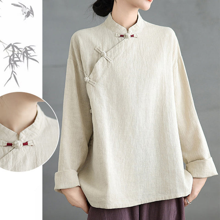 Camisa de mujer de manga larga con botones de rana en color liso con Buddha Stones - image 18