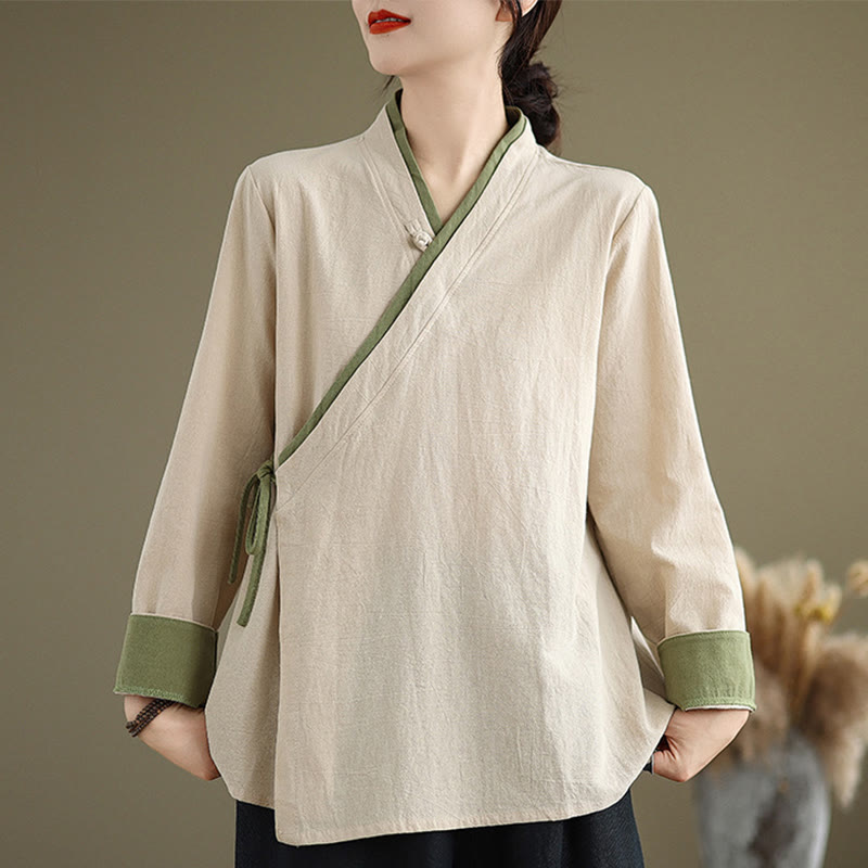 Camisa de mujer con mangas largas y cordones de color liso con diseño de hanfu y Buddha Stones - Lino - US8-10，UK/AU12-14，EU40-42 (2XL) - image 0