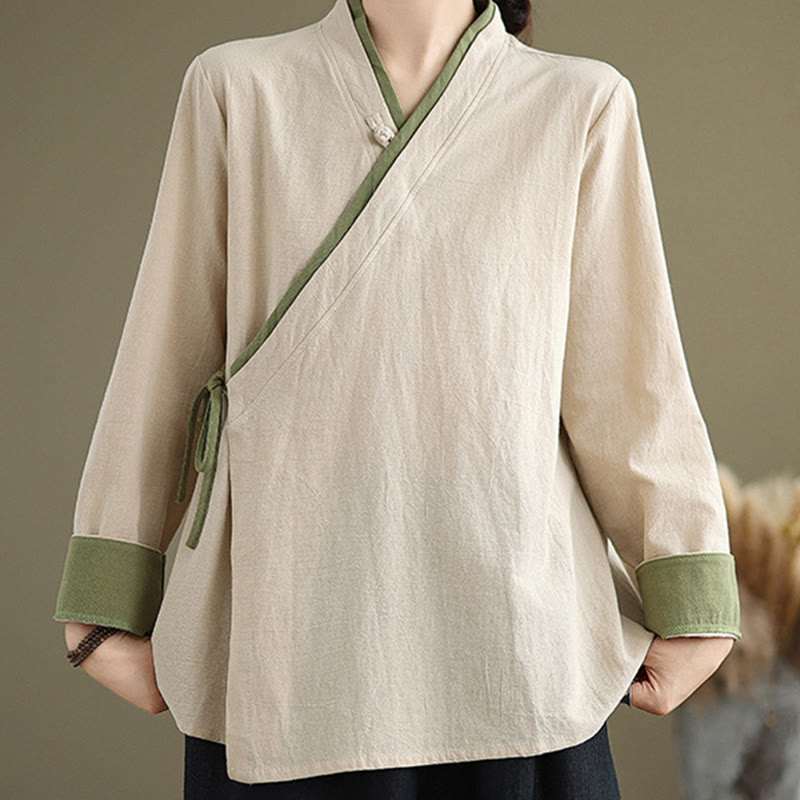 Camisa de mujer con mangas largas y cordones de color liso con diseño de hanfu y Buddha Stones - image 1