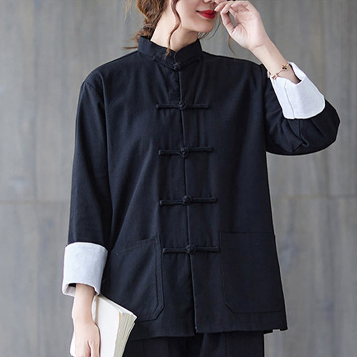 Conjunto de ropa de meditación para mujer con camisa de manga larga y botones de rana de Buddha Stones. - image 5