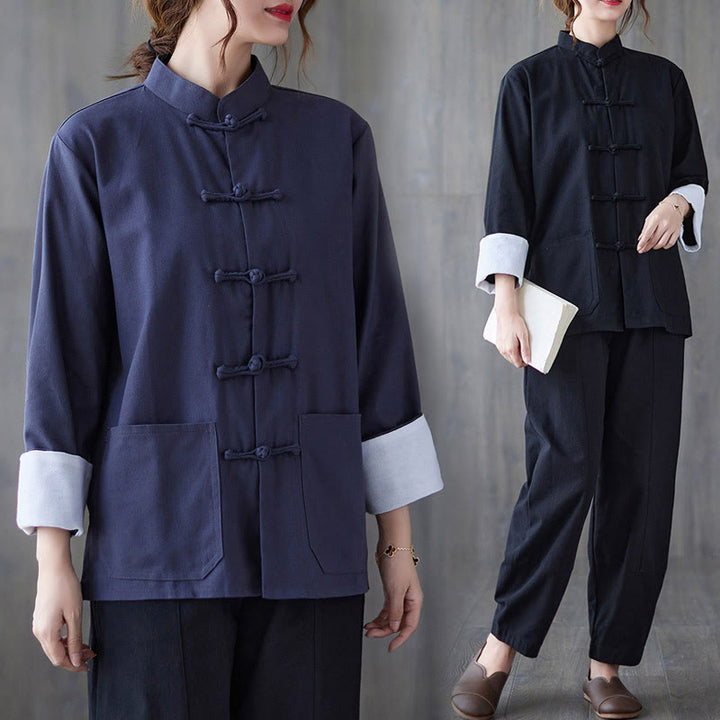 Camisa de manga larga con botones de rana para mujer con Buddha Stones, pantalones de meditación, ropa de lino y algodón - image 20