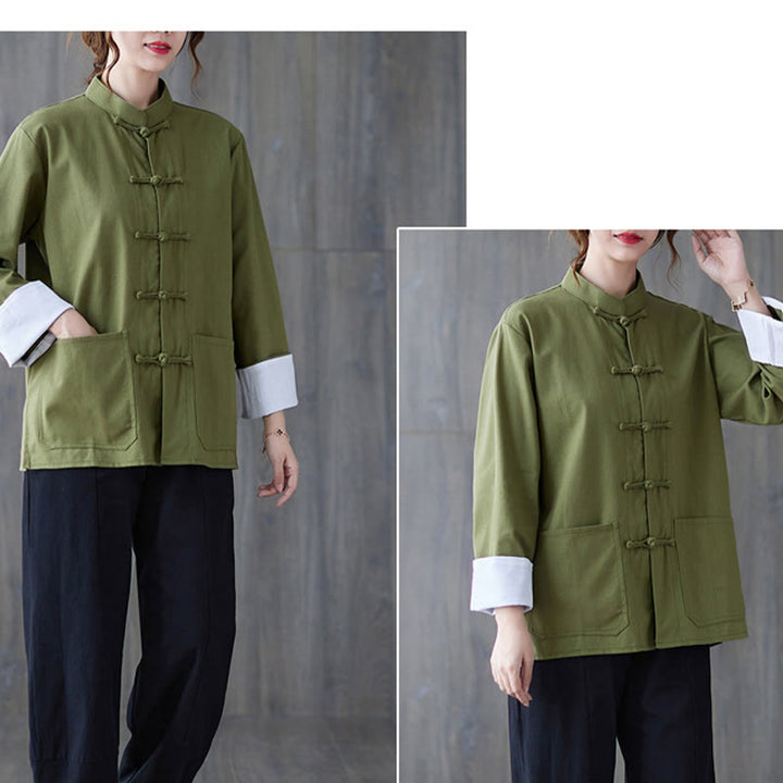 Conjunto de ropa de meditación para mujer con camisa de manga larga y botones de rana de Buddha Stones. - image 3