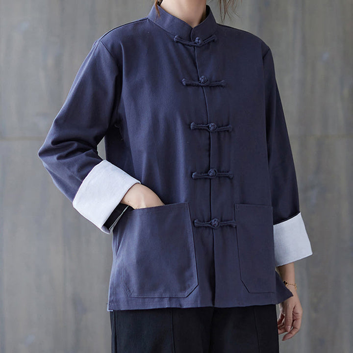 Camisa de manga larga con botones de rana para mujer con Buddha Stones, pantalones de meditación, ropa de lino y algodón