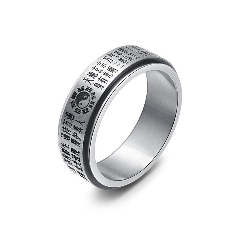 Anillo giratorio de equilibrio de acero de titanio con caracteres chinos Bagua Yin Yang y Buddha Stones