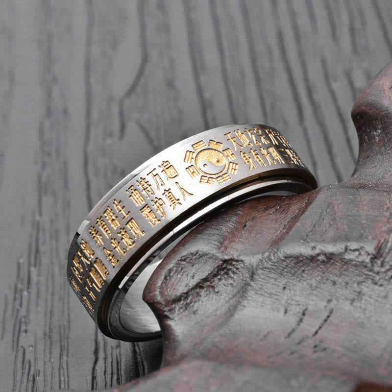 Anillo giratorio de equilibrio de acero de titanio con caracteres chinos Bagua Yin Yang y Buddha Stones