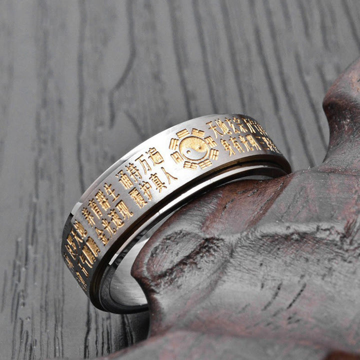 Anillo giratorio de equilibrio de acero de titanio con caracteres chinos Bagua Yin Yang y Buddha Stones