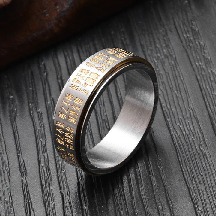 Anillo giratorio de equilibrio de acero de titanio con caracteres chinos Bagua Yin Yang y Buddha Stones