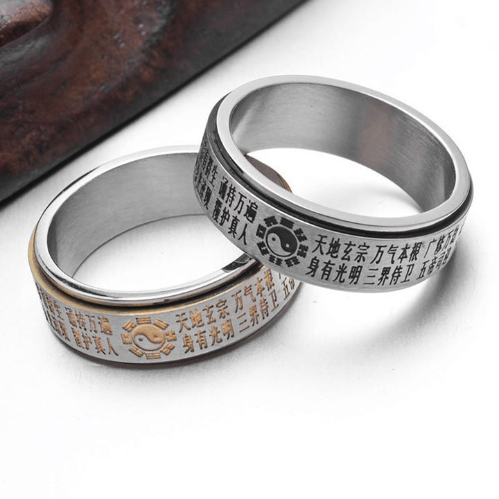 Anillo giratorio de equilibrio de acero de titanio con caracteres chinos Bagua Yin Yang y Buddha Stones
