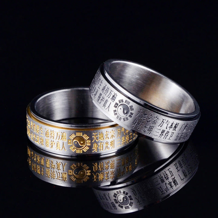 Anillo giratorio de equilibrio de acero de titanio con caracteres chinos Bagua Yin Yang y Buddha Stones
