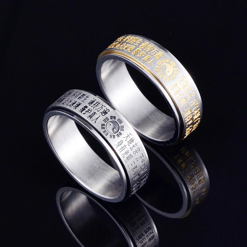 Anillo giratorio de equilibrio de acero de titanio con caracteres chinos Bagua Yin Yang y Buddha Stones