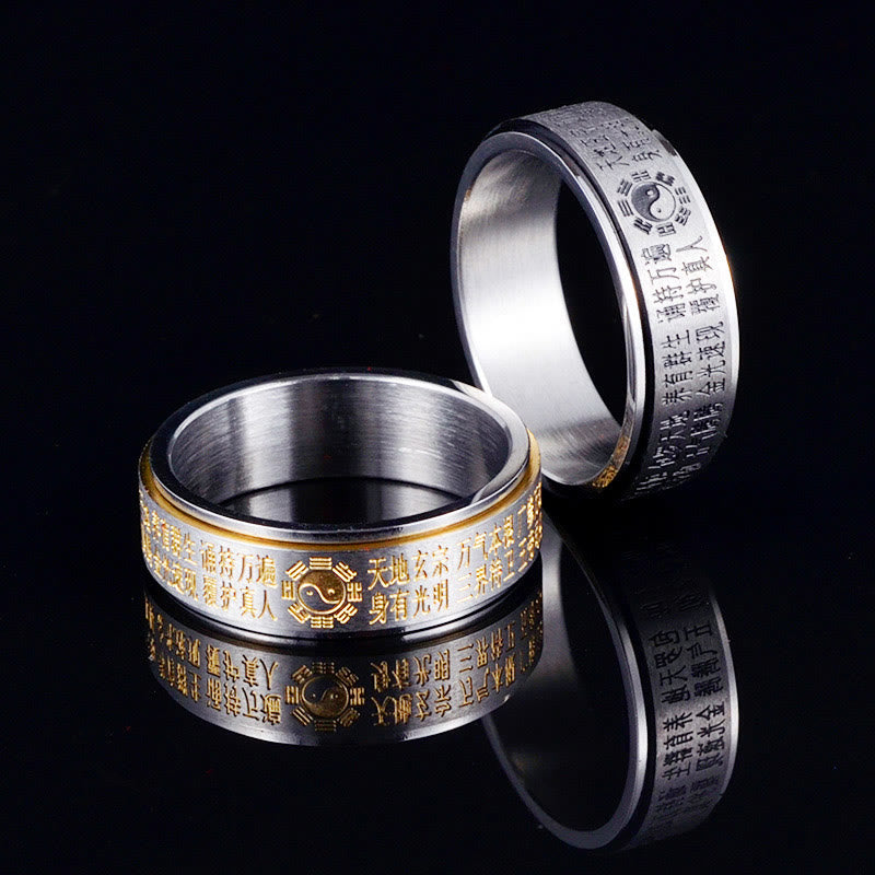 Anillo giratorio de equilibrio de acero de titanio con caracteres chinos Bagua Yin Yang y Buddha Stones