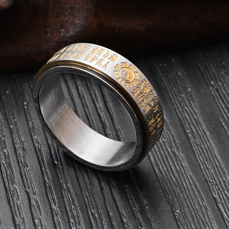 Anillo giratorio de equilibrio de acero de titanio con caracteres chinos Bagua Yin Yang y Buddha Stones