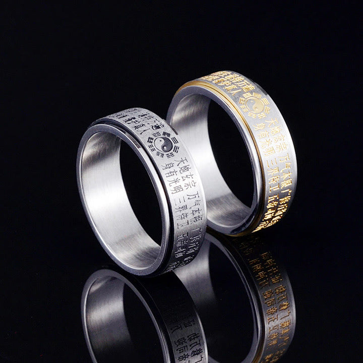 Anillo giratorio de equilibrio de acero de titanio con caracteres chinos Bagua Yin Yang y Buddha Stones