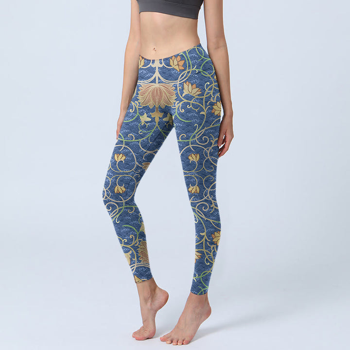 Leggings deportivos con estampado de flores de loto y Buddha Stones para mujer - Azul acero - US18，UK/AU22，EU50 (4XL) - image 1