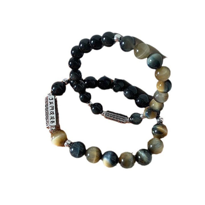 Pulsera de amor y fuerza con seis palabras verdaderas "Om Mani Padme Hum" y obsidiana negra natural con Buddha Stones y ojo de tigre