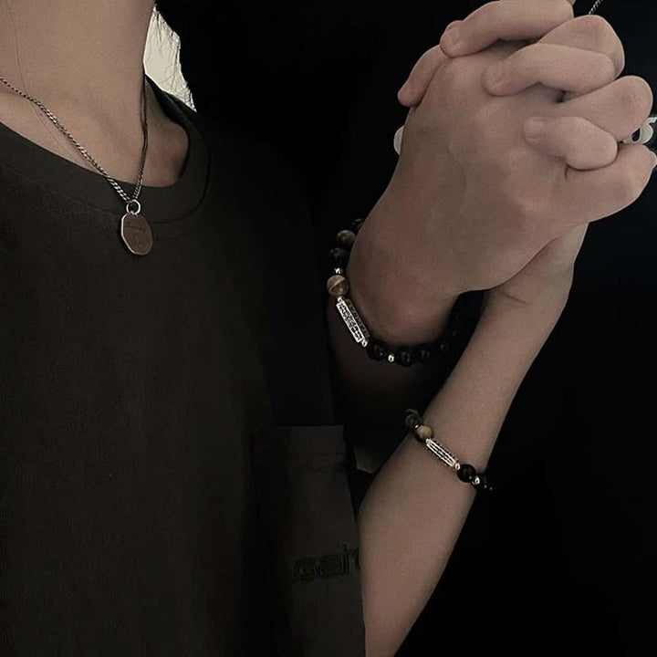 Pulsera de amor y fuerza con seis palabras verdaderas "Om Mani Padme Hum" y obsidiana negra natural con Buddha Stones y ojo de tigre