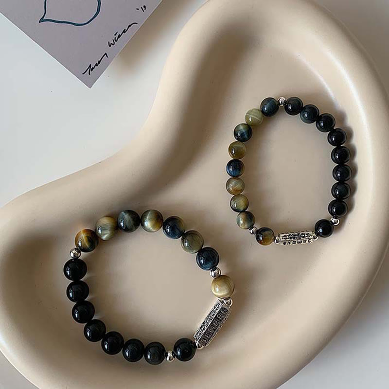 Pulsera de amor y fuerza con seis palabras verdaderas "Om Mani Padme Hum" y obsidiana negra natural con Buddha Stones y ojo de tigre