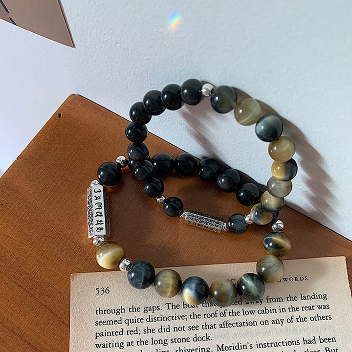 Pulsera de amor y fuerza con seis palabras verdaderas "Om Mani Padme Hum" y obsidiana negra natural con Buddha Stones y ojo de tigre