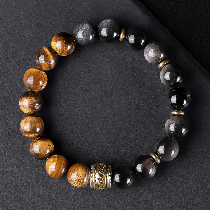 Pulsera de fuerza con seis palabras verdaderas 'Om Mani Padme Hum', obsidiana, ojo de tigre y Buddha Stones
