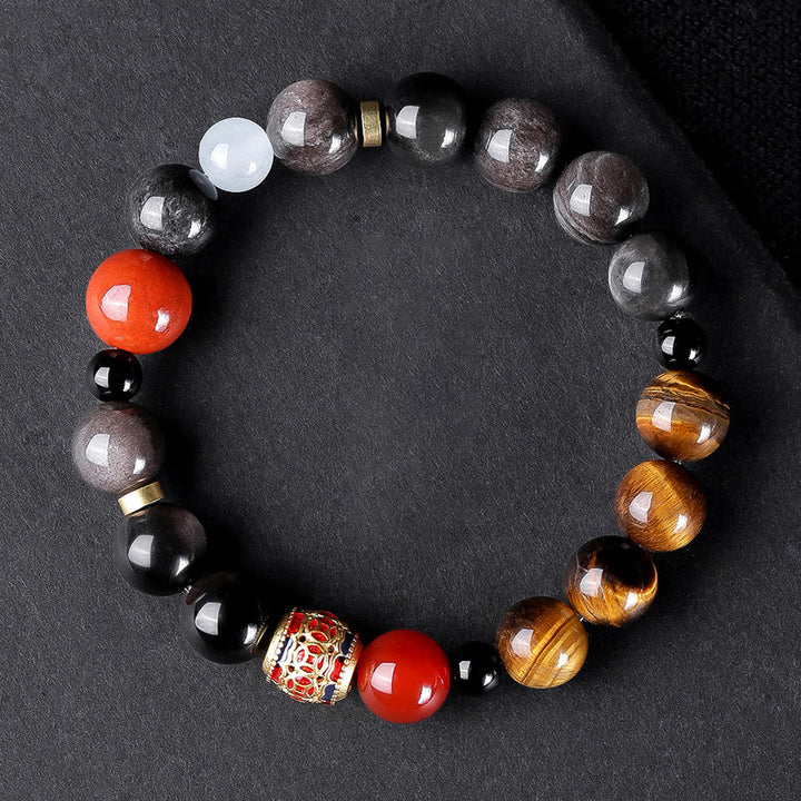 Pulsera de fuerza con seis palabras verdaderas 'Om Mani Padme Hum', obsidiana, ojo de tigre y Buddha Stones