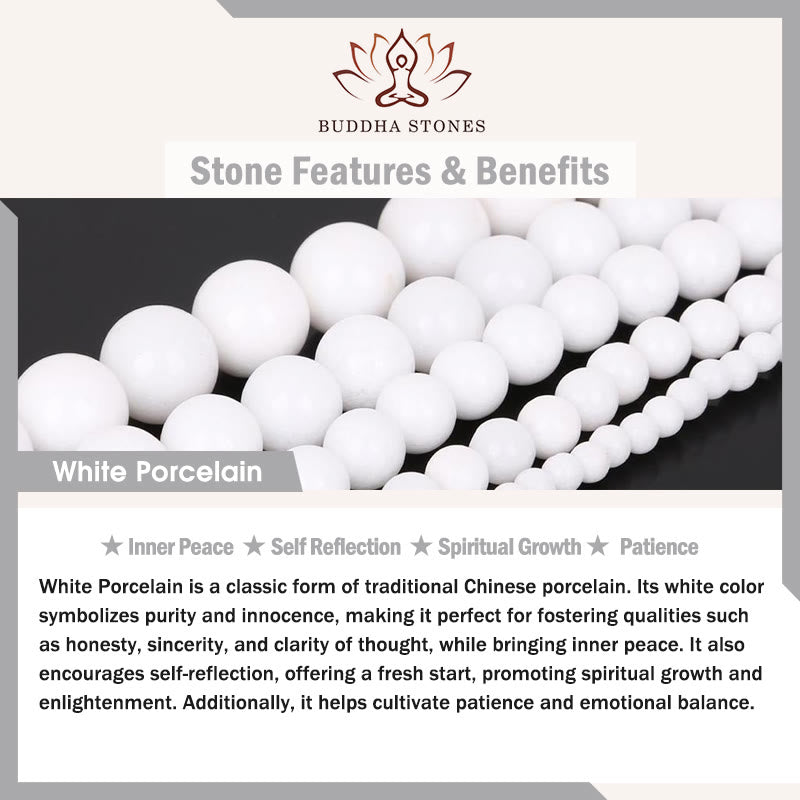 Pulsera de la paciencia con seis palabras verdaderas 'Om Mani Padme Hum' de porcelana blanca con 108 cuentas de Buddha Stones